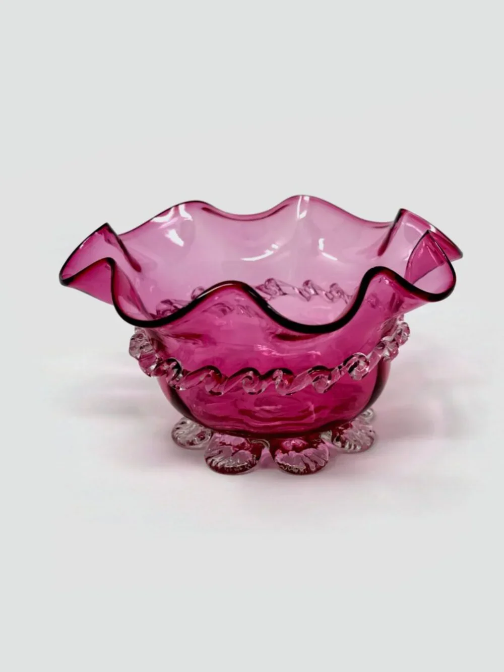 Victorian Cranberry Pink Art Glass Ruffled Bowl - Rigaree Trim & Shell Feet
